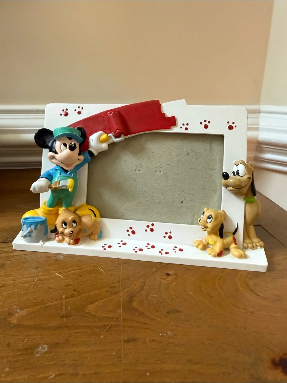 Vintage 3D Disney White Picture Frame with Mickey Mouse, Pluto and Puppies